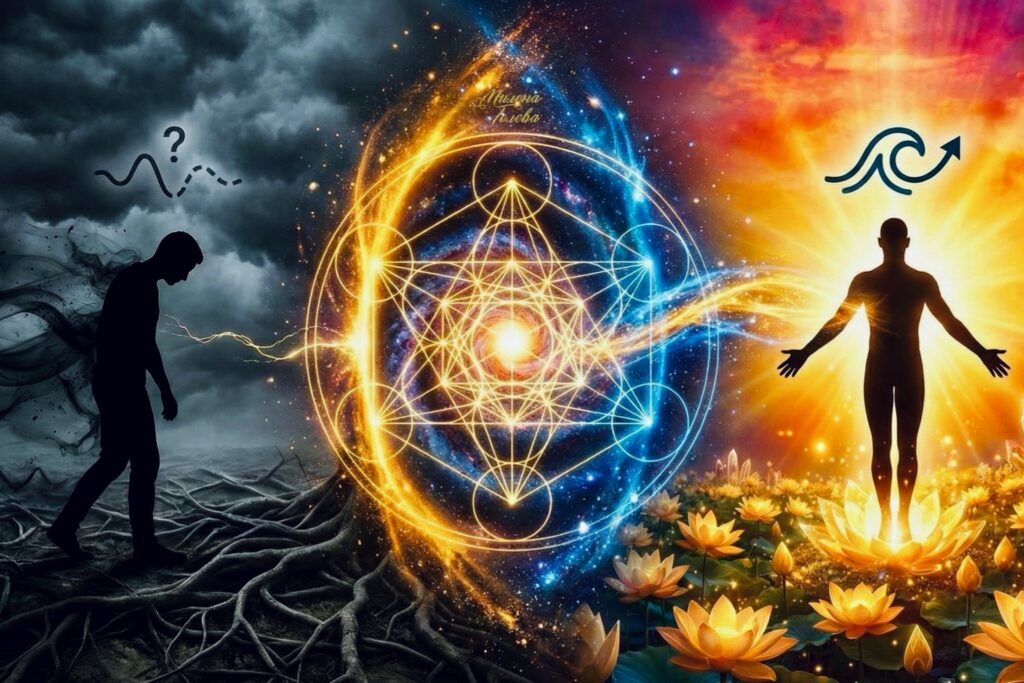 Визуална илюстрация на енергийната трансформация според Науката за Вибрациите на Милена Голева: преход от ниска вибрация на страх и липса (тъмен силует вляво под буреносни облаци) към висока вибрация на увереност и изобилие (сияен силует вдясно сред златни лотоси), осъществен чрез мощен портал на свещена геометрия и енергийна кохерентност.