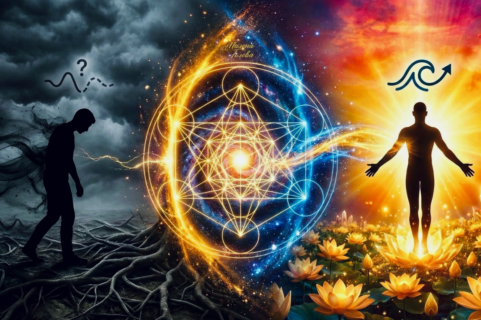 Визуална илюстрация на енергийната трансформация според Науката за Вибрациите на Милена Голева: преход от ниска вибрация на страх и липса (тъмен силует вляво под буреносни облаци) към висока вибрация на увереност и изобилие (сияен силует вдясно сред златни лотоси), осъществен чрез мощен портал на свещена геометрия и енергийна кохерентност.