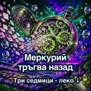 Меркурий тръгва назад - три седмици леко: отворен джобен часовник със светещи зъбни колела над нощен град, от който се разпиляват писма - Милена Голева